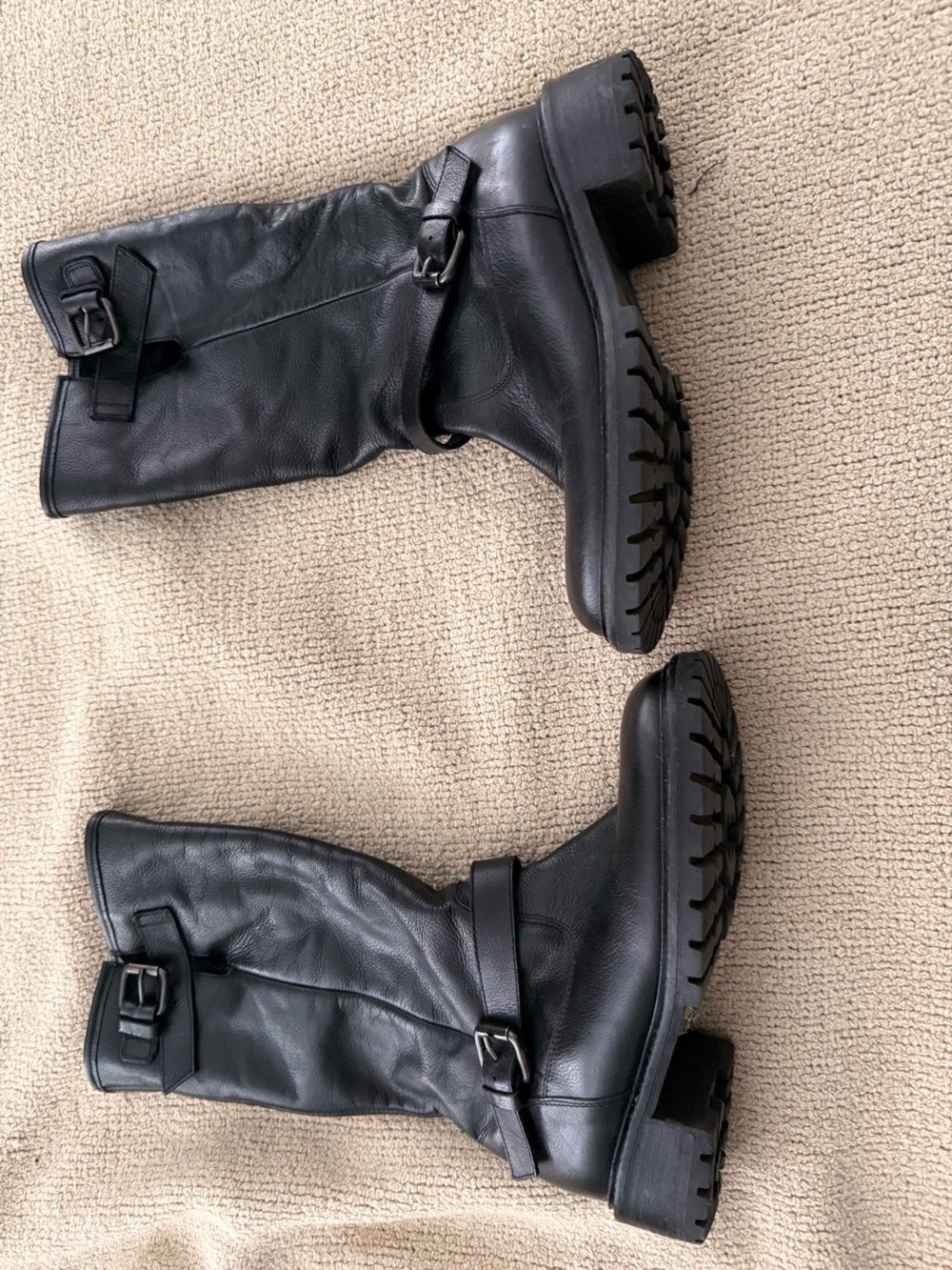 Fendi Black Leather fur lined Mid-Calf Lug Sole Buckle Boots size 36.5
